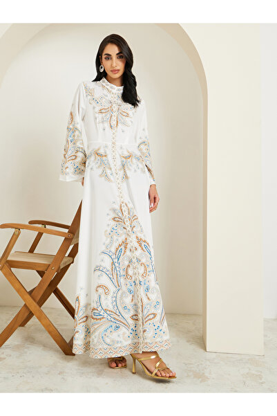 Styli Women Placement Print Jalabiya with Pearl Embellishment