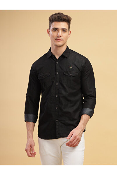 KUONS AVENUE By Styli Men Black Double Pocket Denim Shirt