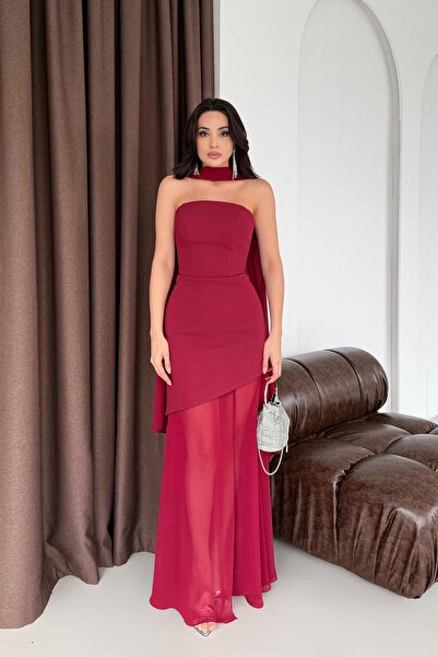 Serica Moda Burgundy Tulle Skirted Strapless Evening Dress with Shawl Detail