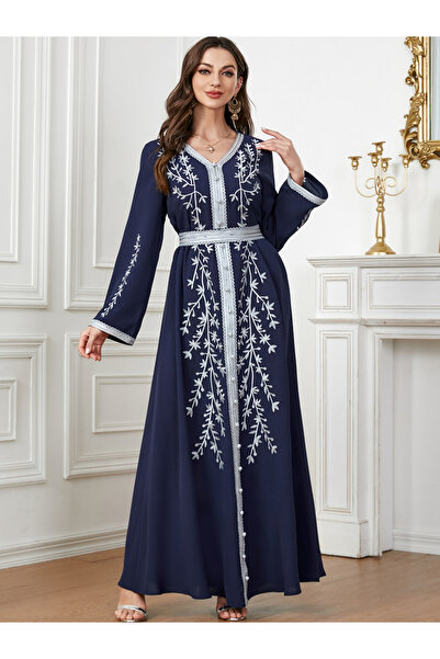 Take Two By Styli Women Navy Blue Embroidered Belted Jalabiya