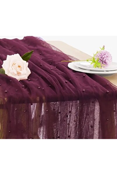 GUSTELLO 100x300 cm İnci Çakmalı Tül Masa Runner - Söz Nişan Kına Masası Örtü...