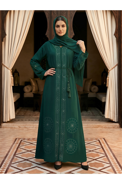 Globus By Styli Women Emerald Green Embellished Abaya with Hijab