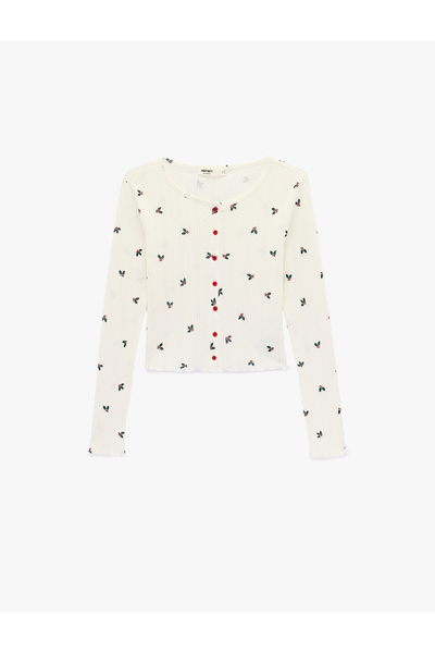 Koton Pamuklu Uzun Kollu Bisiklet Yaka Desenli Crop Pijama Üstü