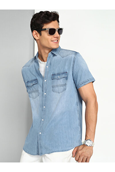 KUONS AVENUE By Styli Men Light Blue Denim Buttoned Shirt