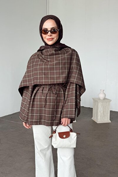 Kübra Aydıns Ekose Pelerinli Gömlek-Kahverengi