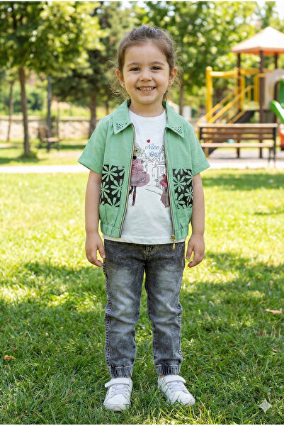 mj kids Girl's 3-Piece Denim Set – Zippered Vest, Printed T-Shirts and Pants