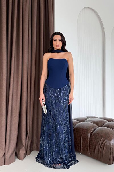 Serica Moda Navy Blue Strapless Long Mermaid Evening Dress with Stone Shawl D...