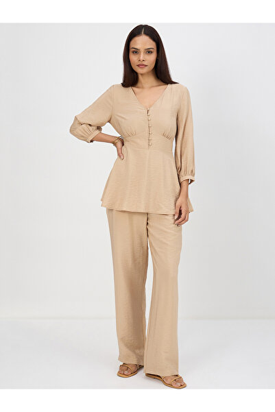 Femmella By Styli Women Beige V-Neck Top and Trousers Co-Ords