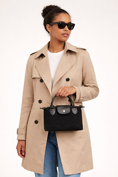 HBS Suede Women's Handbag – Gold Detail, Short Handle - Stylish and Everyday Use