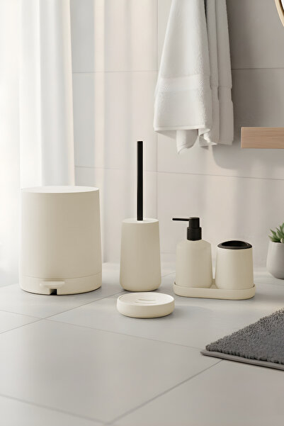 welcomein Mat Krem 5 Parça Yuvarlak Banyo Seti – Kovası, Tuvalet Fırçası, Sıv...