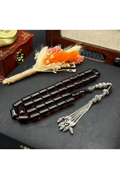 Sabır Taneleri Halit Uzunkaya Usta İşçilik,Gümüş Püsküllü Ateş Kehribar Tespih