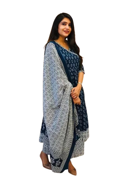 MYSMAR Dark Blue Rayon Kurti &amp; Pants With Dupatta - ALV1089 | Dark Blue