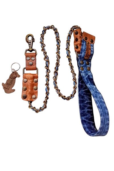 balkonda Dog Walking Leash Collar 2.5 cm Width Chain and Denim Blue