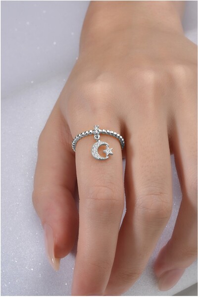 jelux silver Gümüş 925 Ayar Ay Yıldız Sallantılı Zirkon Taşlı Ayarlanabilir Y...