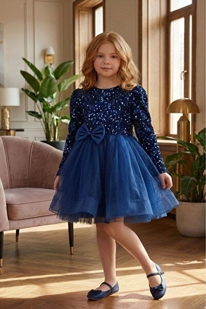 ABİYEKİDS Kadife Payetli Uzun Kollu Kabarık Lacivert Çocuk Abiye 2/12 yaş ara...