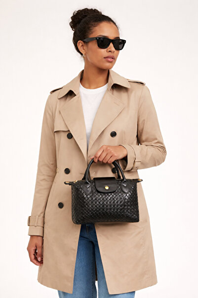 HBS Black Knitted Leather Women's Handbag – Gold Detailed