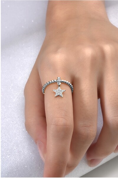 jelux silver Gümüş 925 Ayar Yıldız Sallantılı Zirkon Taşlı Ayarlanabilir Yüzük