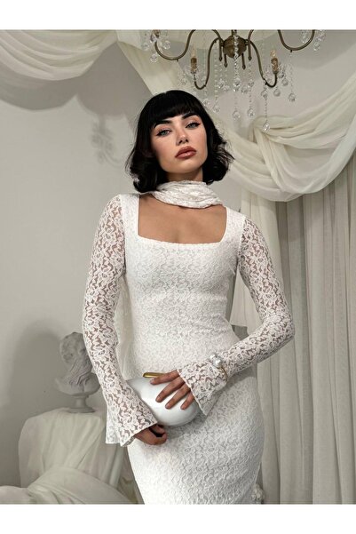 EtikaOnline Kadın Dantel Şal Detay Astarlı Uzun Elbise