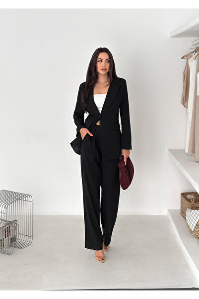 diaves Black Laser Cut Blazer Jacket Palazzo Pants Suit