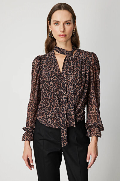 ON TRİKO Bluză cu guler tip eșarfă și imprimeu leopard 62310