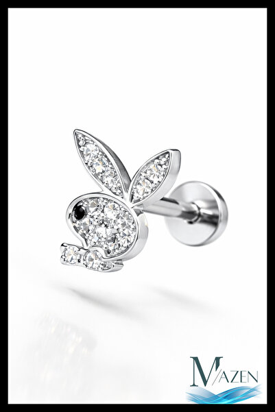 MAZEN Playboy Tavşan Figürlü Tragus Helix Piercing | Zirkon Taşlı | Gümüş Ren...