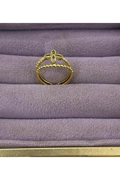 Store Kararmaz Çelik Yüzük - Gold Renk Çift Sıralı Dorika ve Markiz Taşlı Işı...