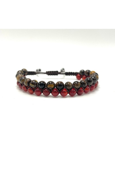 YILDIZ DOĞAL TAŞ Certified Red Agate - Tiger's Eye Natural Stone Double Row Macrame Bracelet