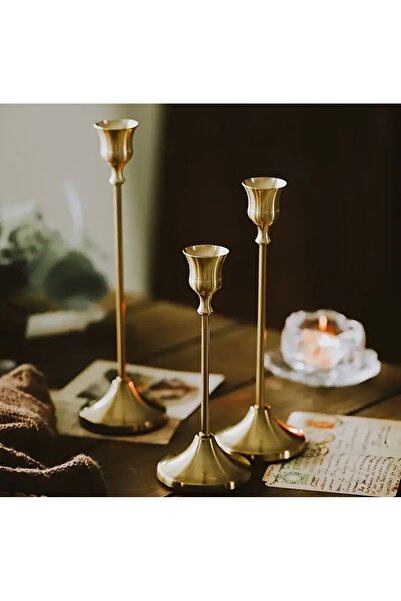İthal Gold 3 lü Şamdan Seti Dekoratif Zarif Metal Mumluk Şamdan Sevgililer Günü