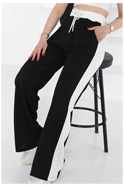 LAVRE Women's Black Modal Fabric Paneled Wide Leg Soft Textured Sweatpants