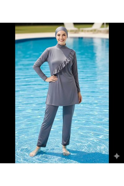 aydenahome Long Sleeve Ruffled Micro Lycra Stretchy Swimsuit with Pants Closed Hijab Swimwear Gray