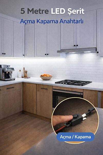 luxshome Mutfak Dolabı Tezgah Üstü Için 5 Metre Beyaz Şerit Led Işık Adaptörl...