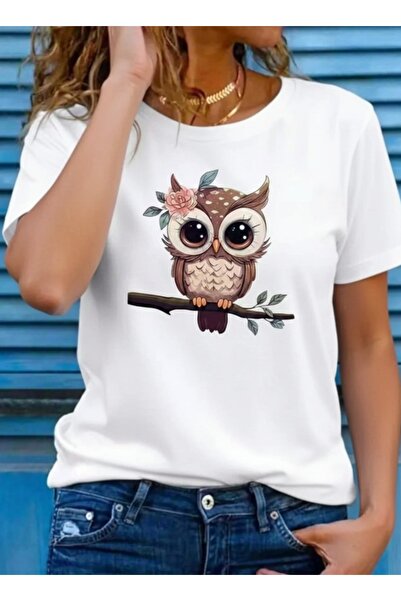 one button Design unisex cu bufniță drăguță basic guler rotund Regular tricou