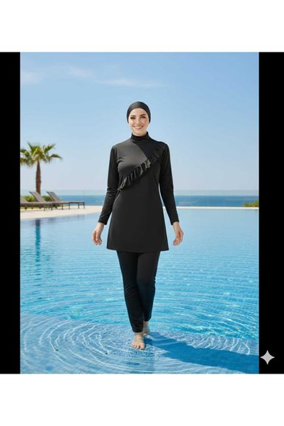 aydenahome Long Sleeve Ruffled Micro Lycra Stretchy Swimsuit with Pants Closed Hijab Swimsuit Black