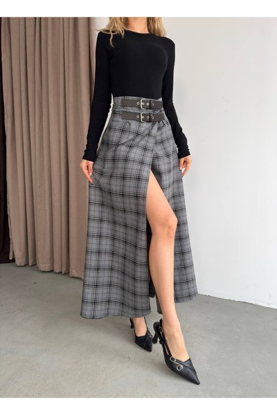 manana fashion تنورة ميدي شق منقوشة بحزام مزدوج