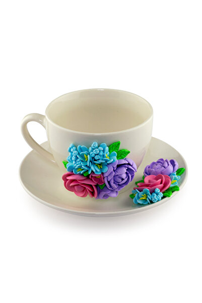 Yoobirim Box Cup and Saucer Set Decorated with Fimo Flowers Pink-Purple-Blue ...