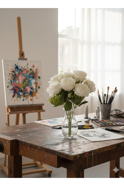 BUKET X 9 Kafalı Şimşir Aranjmanlı Beyaz Gül Sevgililer Günü