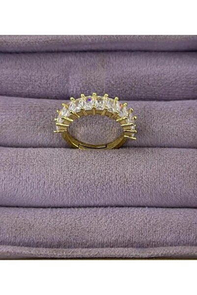 Store Kararmaz Çelik Yüzük - Gold Renk Sıralı Baget Zirkon Taşlı Işıltılı Aly...