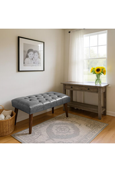 Modern Kapitoneli Bench Puf 90x45 | Antre – Yatak Odası – Salon | Deri Kumaş Oturma Bankı GRİ