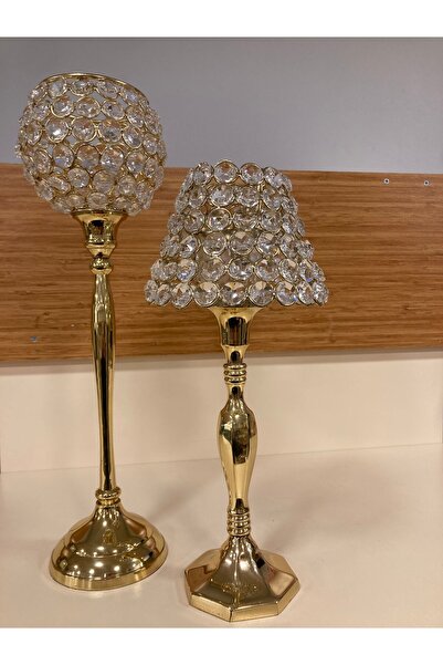 PLUS HOME MUMLUK ŞAMDAN 2'Lİ PİRİNÇ ALTIN KRİSTAL TAŞLI EL YAPIMI YÜKSEKLİKLE...