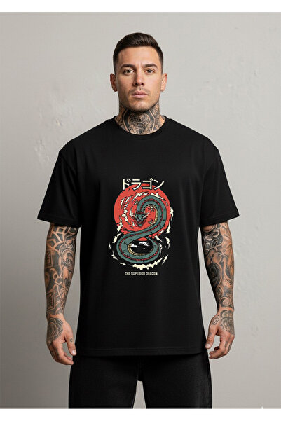 LORVEX The Superior Dragon Printed Oversize Unisex Βαμβακερό T-shirt - Μπλουζάκι