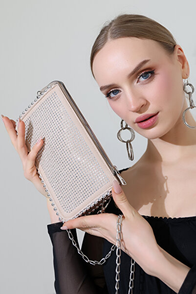 BALANZ Beige Women's Bag with Chain Strap, Stone Detail, Mini Shoulder and Ha...