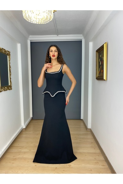gökkuşagı moda Siyah Kare Yaka Balık Bel Yaka Taş Detaylı Uzun Abiye Elbise
