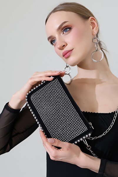 BALANZ Black Women's Bag with Chain Strap, Stone Detail, Mini Shoulder and Ha...