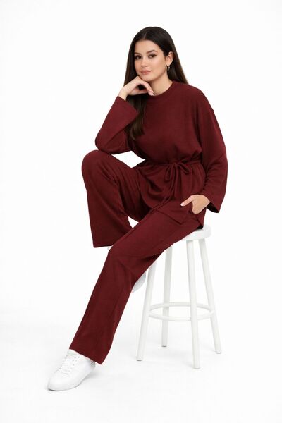 MG GİYİM STORE Women's Burgundy Belted Suit