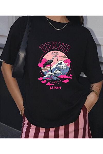 LORVEX طوكيو اليابان مطبوع قصة فضفاضة تي شيرت قطني للجنسين - تي شيرت