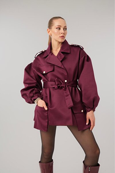 PATRONİZE Bordo Kruvaze Yaka Astarlı Balon Kol Kuşaklı Mont