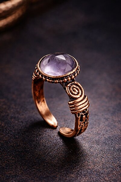 İyyaKee Kadın Bakır Yüzük Doğal Ametist Taşlı Silindir Model Saf Bakır Yüzük