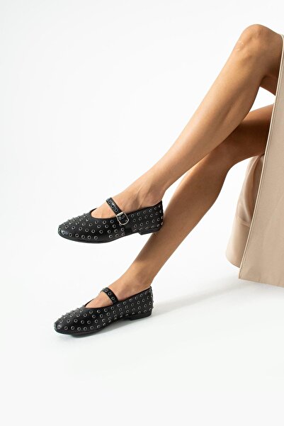 cevaplus Disco Black Staple Stone Ballerina Women's Ballerina