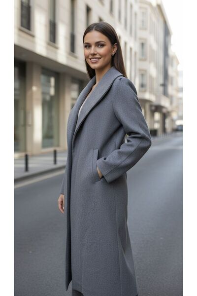 Moda Banuş Women's Belted Pocketed Slit Lined Anti-Pilling Cashmere Coat Gray