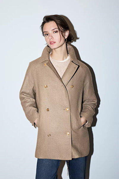 LEFTIES Dore Düğmeli Kısa Sentetik Yün Kaban